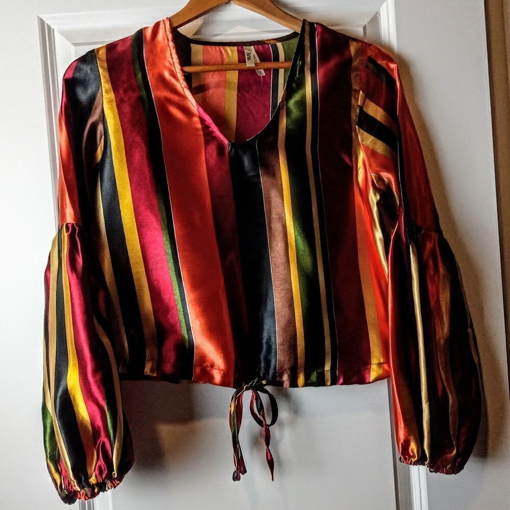 Truth NYC Bell Sleeve V-Neck Satin Stripe Top